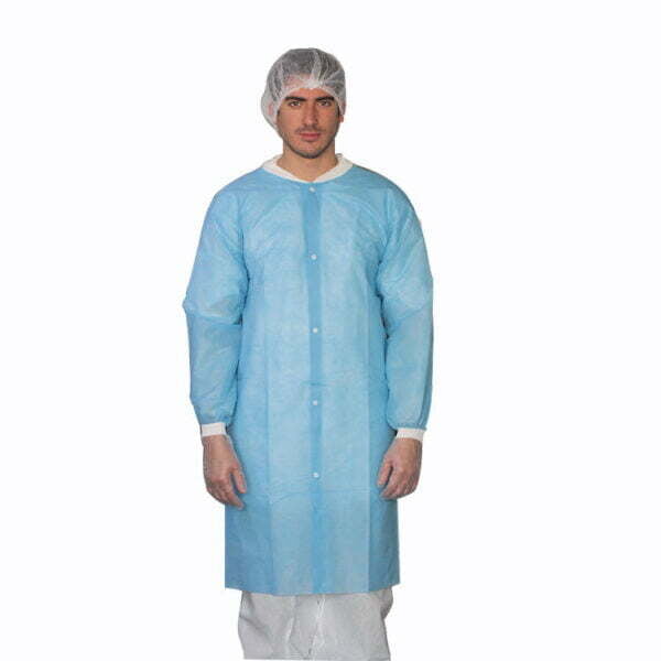 Blouse de laboratoire jetable en PP avec fermeture à bouton pression et col tricoté