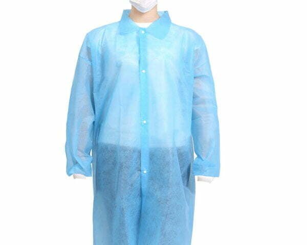 PP+PE- BLUE disposable lab coat with snap button closure knitted Collar